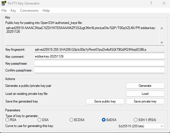 Clave Ed25519 generada con Putty