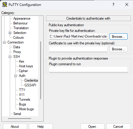 Configurando la clave privada en PuTTy