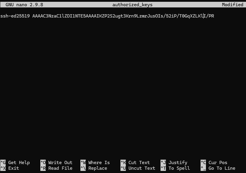 Modificacion del fichero  ~/.ssh/authorized_keys sin saltos de linea a mitad de la clave publica